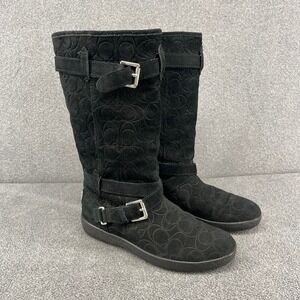 Coach Black Suede Monogram Tall Boots Buckle‎ Detail Women's US 8 B EU 38.5